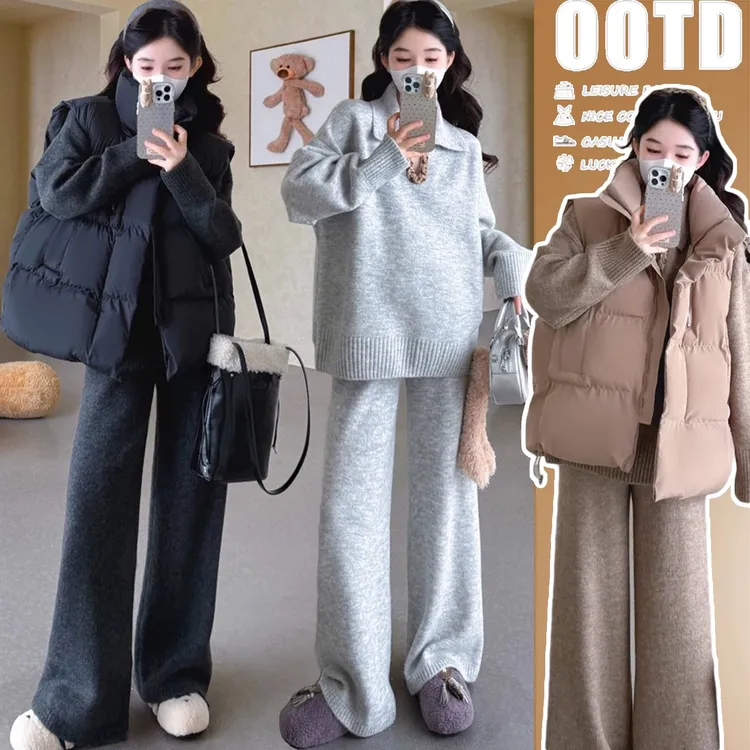 2025秋冬新品孕妇秋冬加厚翻领v领编织套头毛衣阔腿裤休闲套装