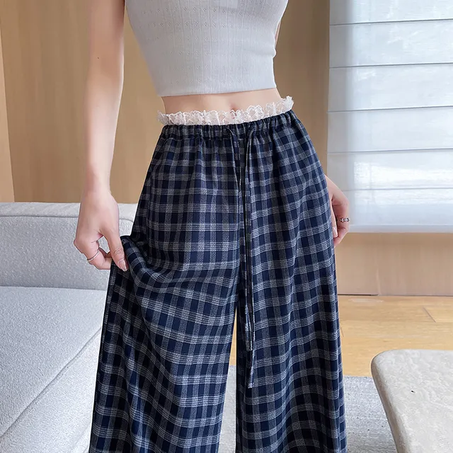 复古格子裤子女夏季2025新款蕾丝花边高腰垂感直筒宽松拖地阔腿裤