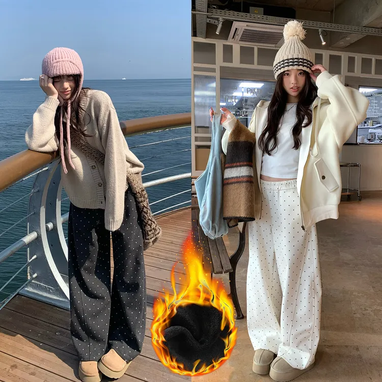 2025炸街潮款裤子女高腰宽松显瘦休闲加绒波点弯刀阔腿裤女款冬季