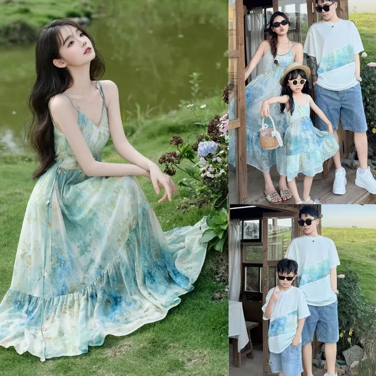 海边亲子装云南三亚度假一家三口夏装2025新款母子套装母女连衣裙