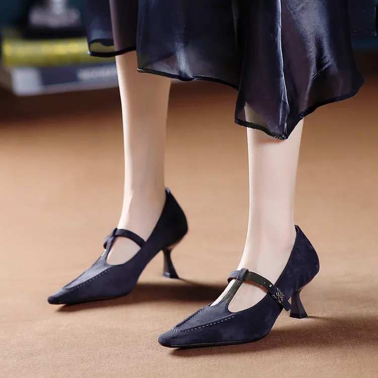 5CM[已开价]2025春季设计感T型扣带方头中高跟鞋女细跟单鞋869-9