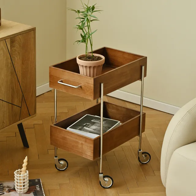 NASO那所 中古不锈钢小推车可移动双层置物架原木客厅沙发边几新