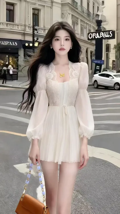 时尚显瘦气质短裙杏色蕾丝低领长袖收腰连衣裙女高级氛围感女装