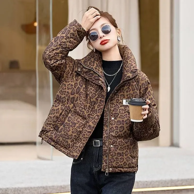 短款立领豹纹棉服女2025冬季小个子洋气宽松时尚棉袄加厚保暖外套