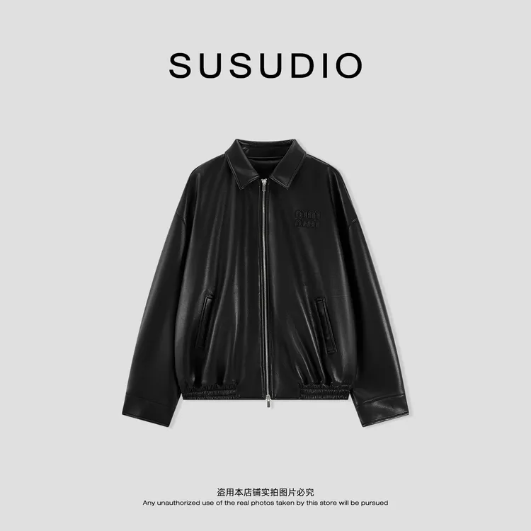 SUSUDIO② 字母拉链通勤纯色长袖翻领秋季休闲皮衣外套 70277
