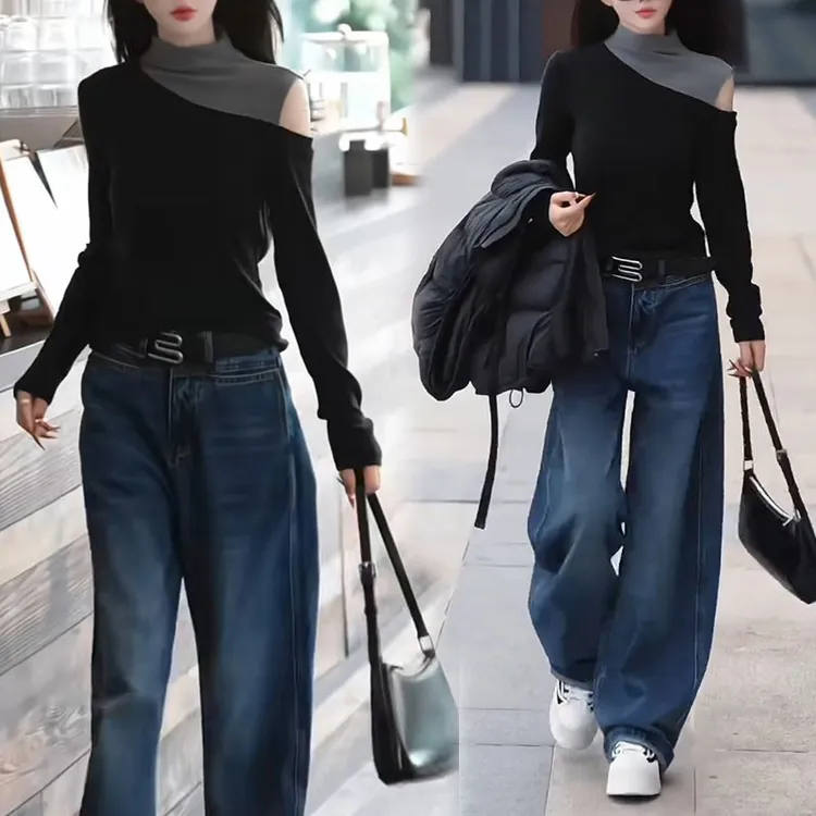 设计感假两件半高领长袖T恤打底衫女秋冬韩系轻熟小众不撞款上衣