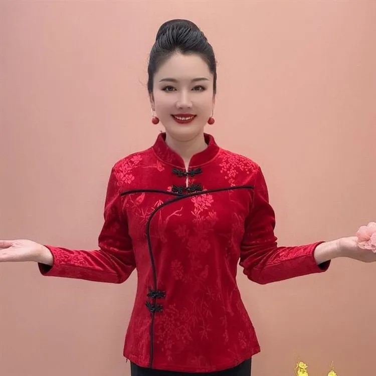 中老年秋冬民族旗袍上衣新款复古加绒丝绒修身长袖妈妈打底衫