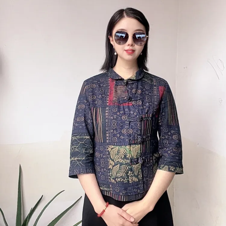 （秋之蓝）国风新中式棉麻手工盘扣分袖斜开襟修身上衣，优雅妈妈装