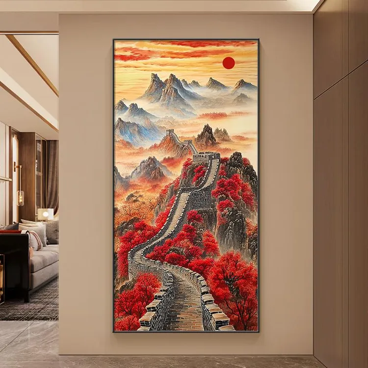 万里长城玄关画新中式鸿运当头客厅装饰画一进门走廊过道挂画竖版