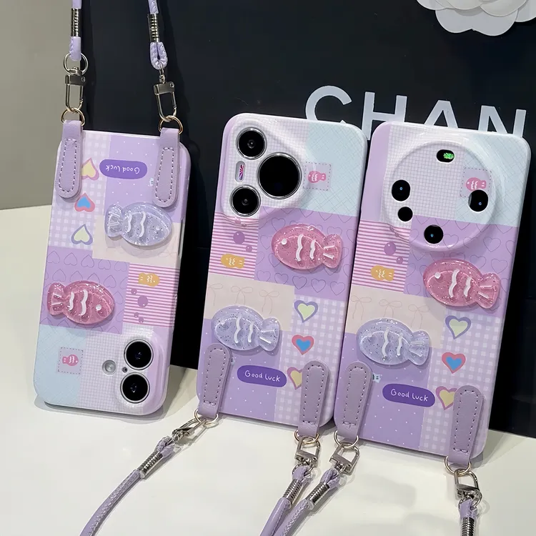 紫色格纹立体小鱼挂绳适用苹果17/16菲林手机壳华为vivoppo小米15