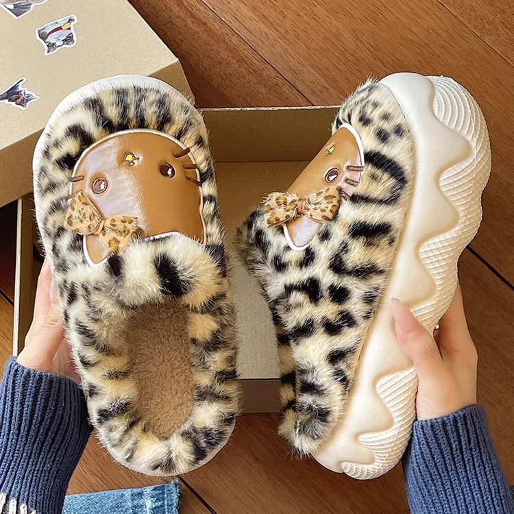 豹纹猫咪毛绒厚底包头棉拖鞋女冬季加绒居家室内保暖防滑可爱毛拖