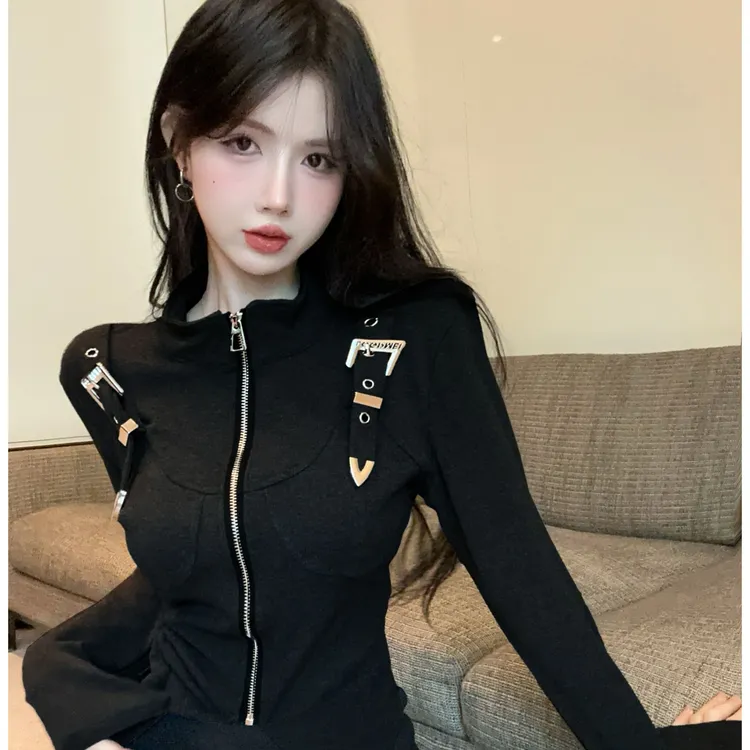 美式辣妹鱼骨上衣女秋冬高级感不规则半高领加绒打底衫内搭可外穿