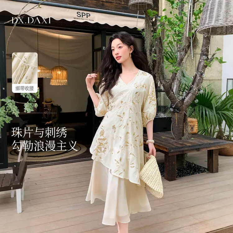 代大喜【月琉璃】重工绳袖珠片假两件连衣裙显瘦V领绑带气质长裙夏
