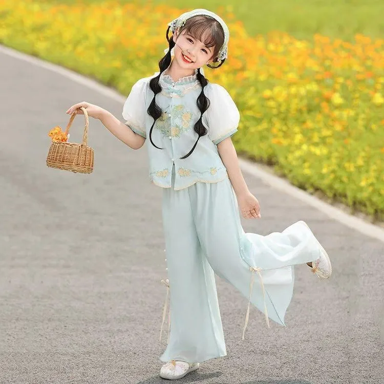 新中式夏季2025女童薄款新款儿童古风改良汉服唐装裙裤套装中国风