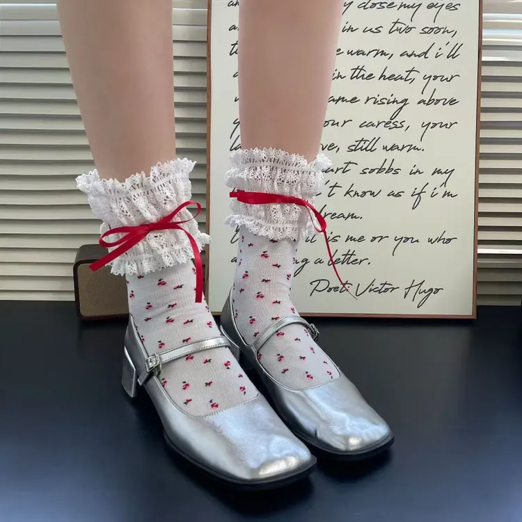 秋冬新款韩系重工蕾丝抽绳棉袜女{两双包邮}