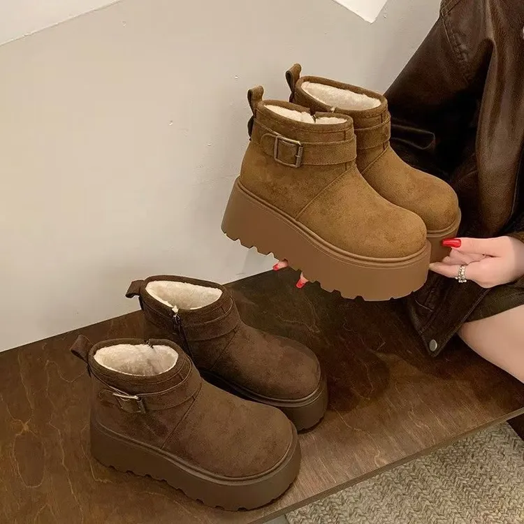 大头勃肯厚底增高女款加绒棉靴2025冬季新款小个子雪地靴马丁短靴