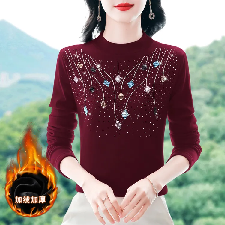 秋冬新款长袖T恤洋气半高领打底衫加绒加厚保暖上衣烫钻内搭小衫