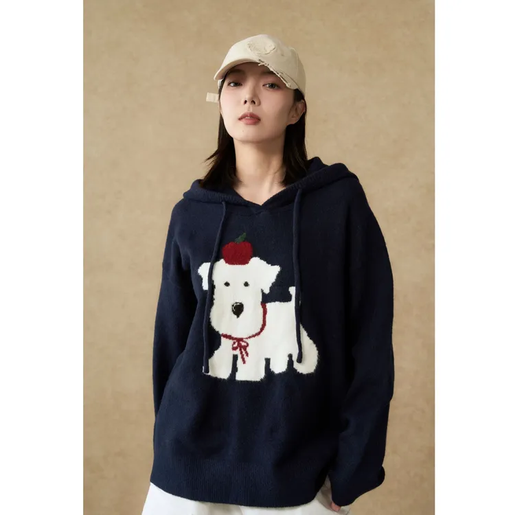 西町村屋趣味苹果小狗提花连帽毛衣XAAD10045