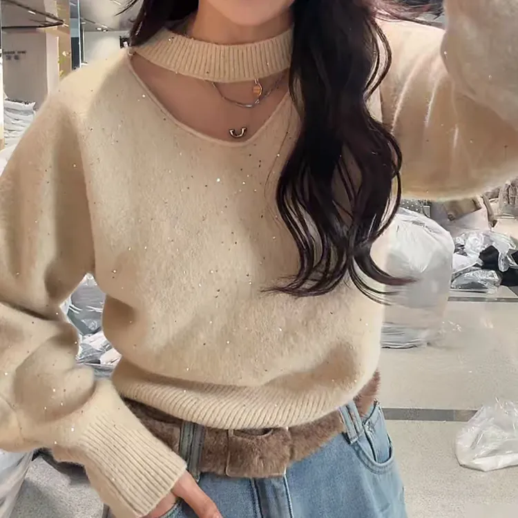 （闪闪惹人爱）法式高级亮闪闪挂脖毛衣女冬季新款百搭套头针织衫