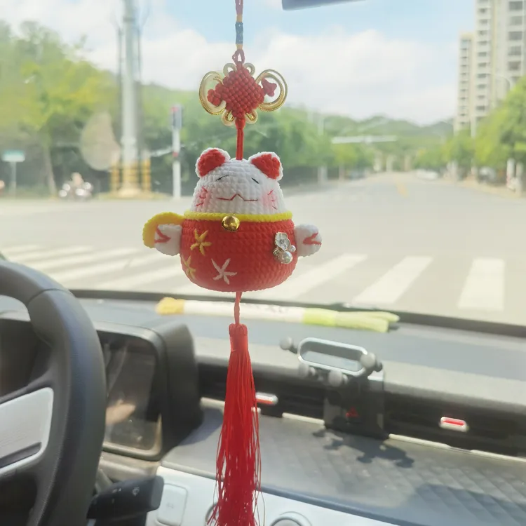 毛线钩织成品招财猫汽车挂件车内后视镜流苏装饰开运招财车内饰品