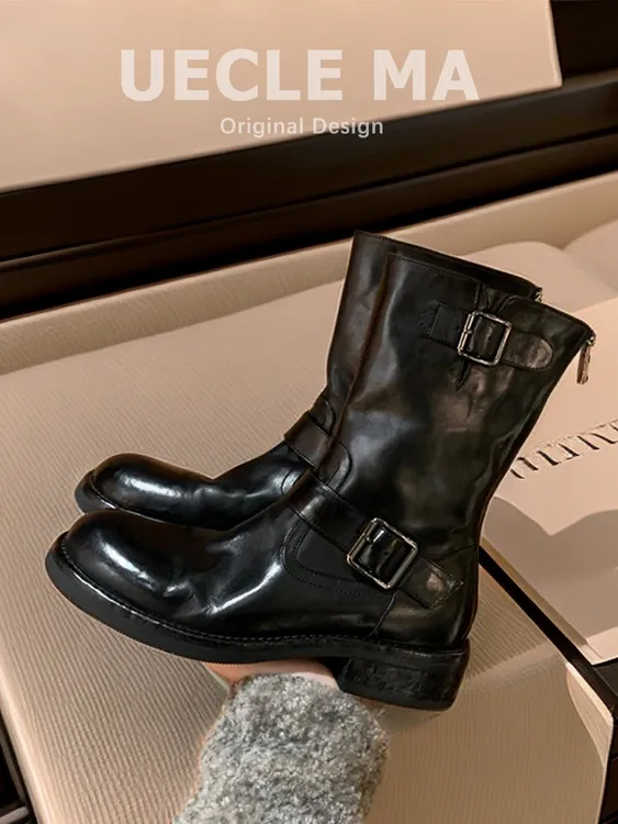 牛皮~美拉德靴子复古风真皮中筒靴女皮带扣短靴厚底马丁靴瘦瘦靴