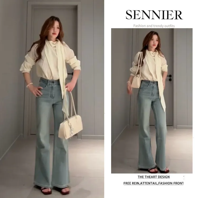 时尚穿搭一整套2025新款韩版气质通勤长袖衬衫百搭牛仔裤两件套装