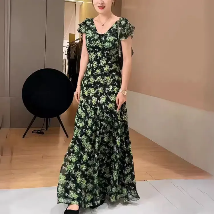 法式优雅绿色碎花无袖小飞袖高腰收腰领中长字套头名媛风气质纯