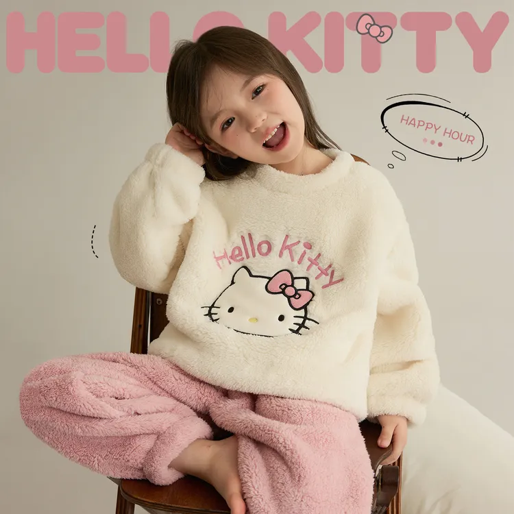 辰辰妈【暖猫】儿童双面绒正版Kitty家居服套装亲子装汉服9075DH