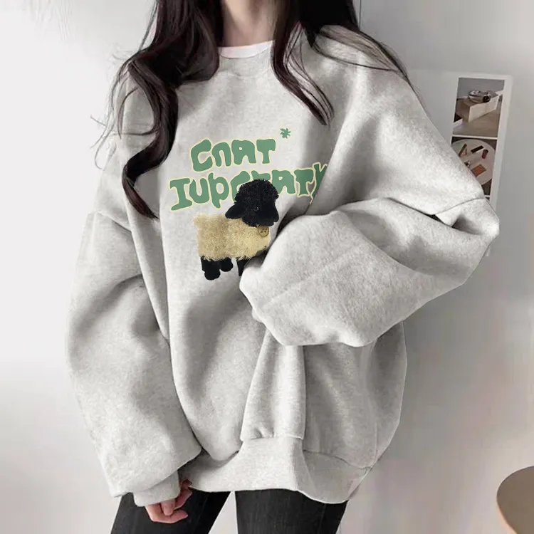 秋季白灰色圆领卫衣女时尚洋气可爱小羊印花上衣加绒加厚长袖外套