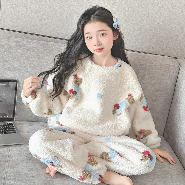 女童睡衣秋冬季加厚珊瑚绒家居服套装加绒中大童儿童女孩3-6-12岁