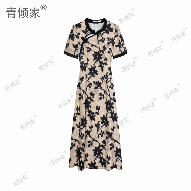 青倾家【烟雨司藤】夏季中式黑色改良复古水墨印花旗袍连衣裙