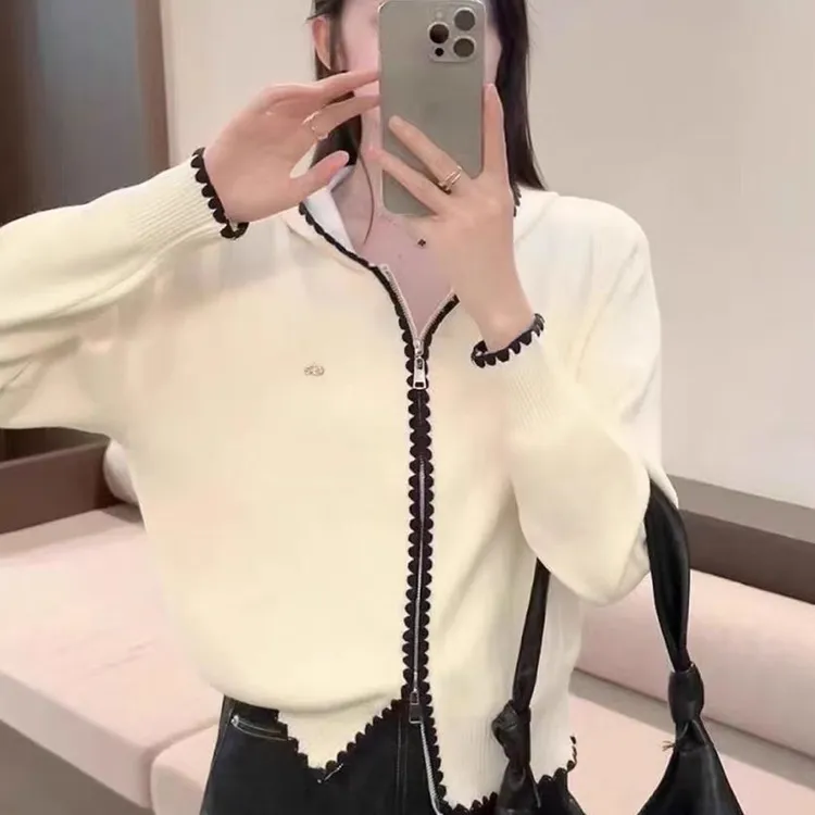 连帽针织衫女减龄设计感洋气针织衫韩版2025新款早秋宽松百搭开衫