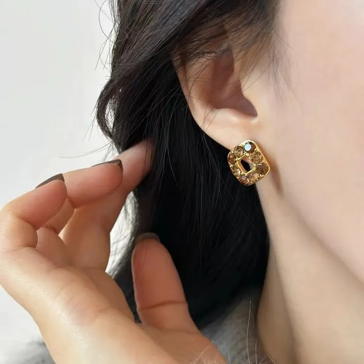 锌合金锆石耳饰 法式锆石方块耳钉精致小巧高级感百搭简约气质