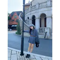 米米子“比利弗假日”蓝色格子撞色连衣裙polo领秋季新品衬衫短裙女