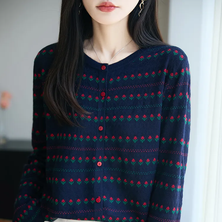 【精仿羊毛】秋上新郁金香提花圆领针织开衫女时尚百搭
