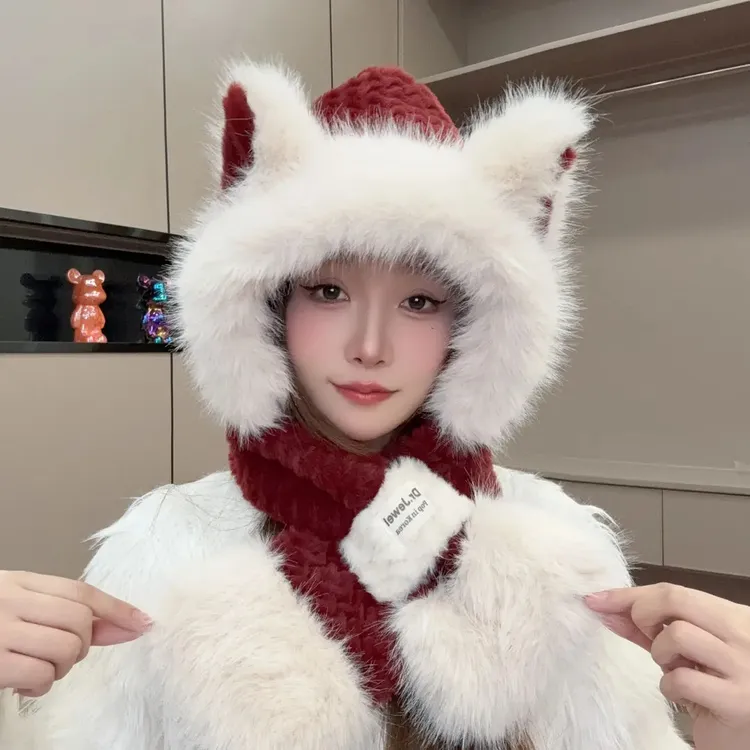 可爱毛茸茸狐狸耳朵帽子围巾一体女冬防寒围脖连帽学生骑车护耳帽