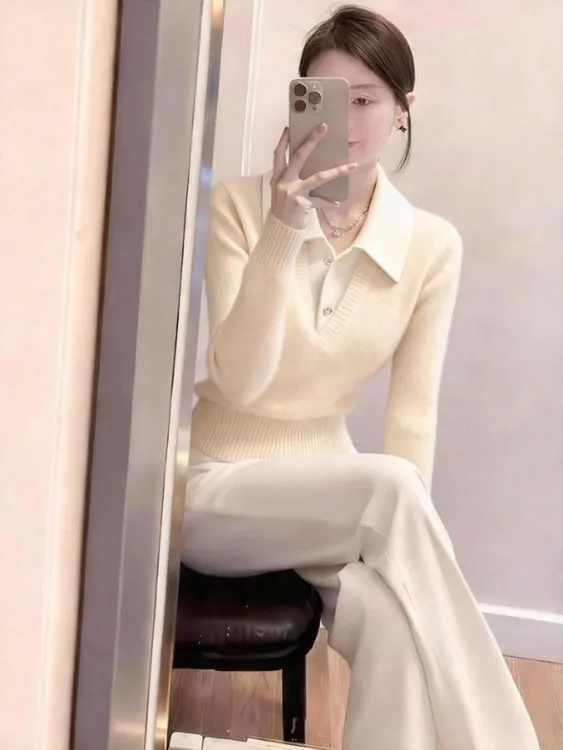 轻熟风气质翻领长袖针织衫女秋冬新款软糯内搭慵懒高级感打底毛衣
