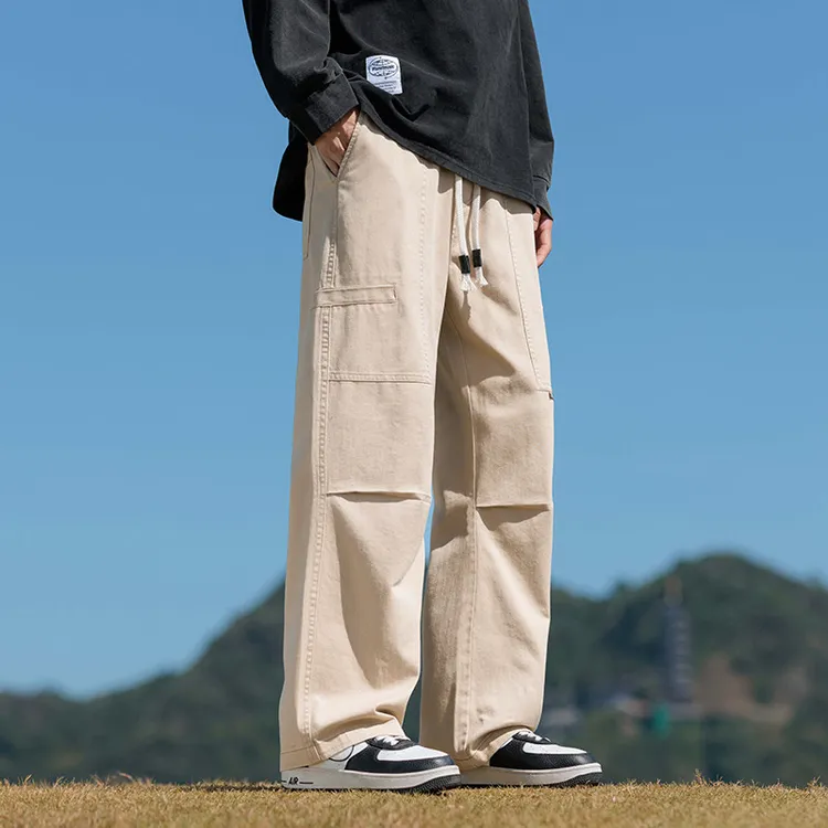 纯棉工装裤男秋季新款宽松抽绳直筒裤拼接褶皱痞帅伞兵裤男士