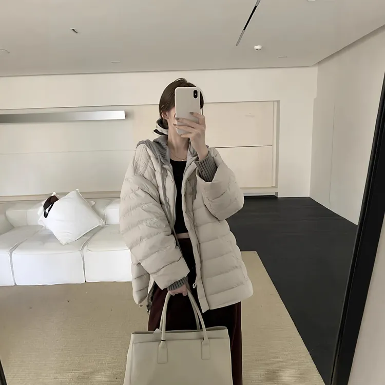 薄款轻薄排骨羽绒服女中长款2025秋冬新款泡芙针织连帽可拆卸韩系