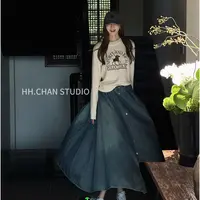 HH.CHAN"法式女人"100%棉RL新款牛仔百褶显瘦半身裙HH53B38247