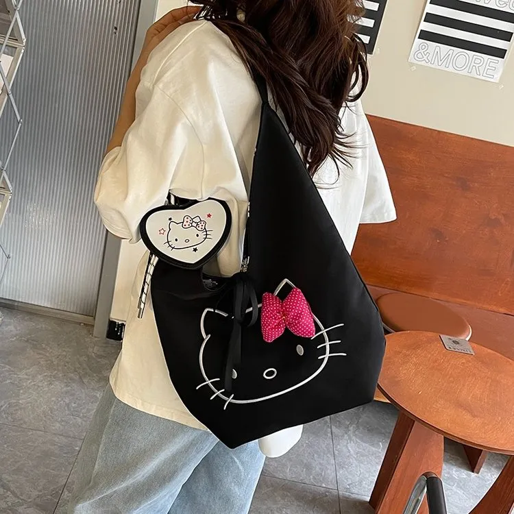 可爱Kitty猫托特包包女2025新款黑白系列尼龙腋下包大容量单肩包