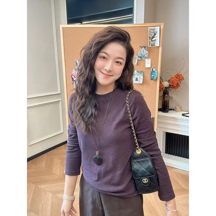 WenWen小个子韩版早秋纯色打底衫长袖T恤百搭时尚圆领上衣4310