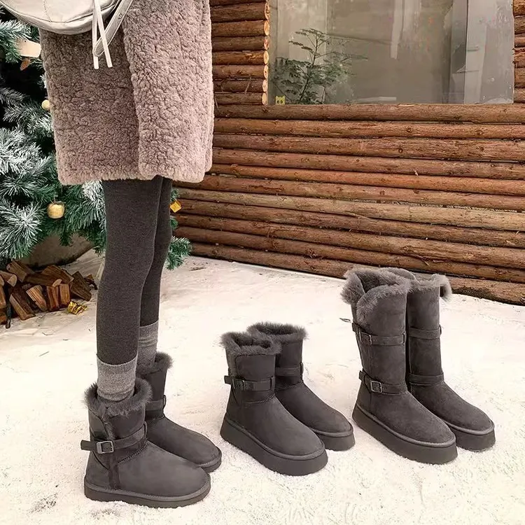 迪奥恋【断码】灰色长筒雪地靴女2025冬季新款加绒加厚皮毛一体增高