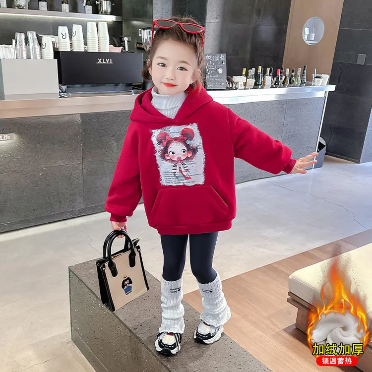 女童加绒加厚连帽卫衣秋冬新款儿童女宝小童韩版休闲保暖冬装上衣
