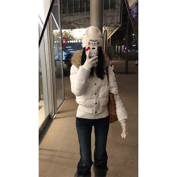 2025新款韩系白色毛领连帽短款棉服冬加厚保暖面包服外套裤子套装