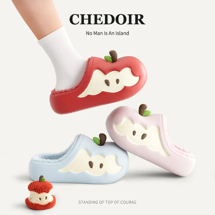 chedoir猜岛原创苹果棉拖鞋女款冬加绒半包跟防水耐脏情侣家居鞋