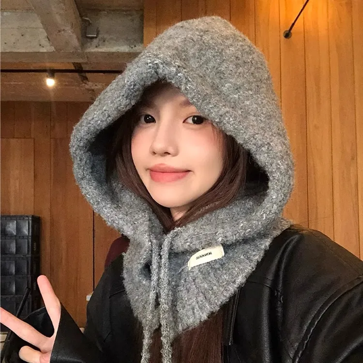 灰色巴拉克拉法帽女秋冬大头围保暖帽子围脖一体针织帽护耳毛线帽