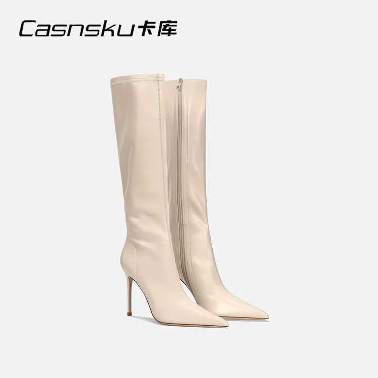 CASNSKU 不过膝米白色皮面骑士靴尖头细跟长靴显瘦侧拉链长筒靴女