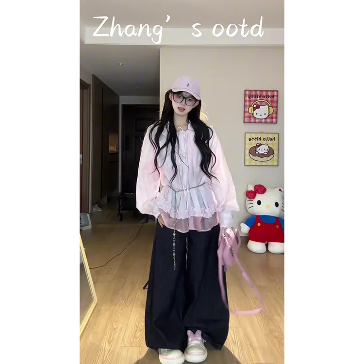 parkyeon日系甜美少女粉色系带领花边衬衫女秋季阔腿牛仔裤套装