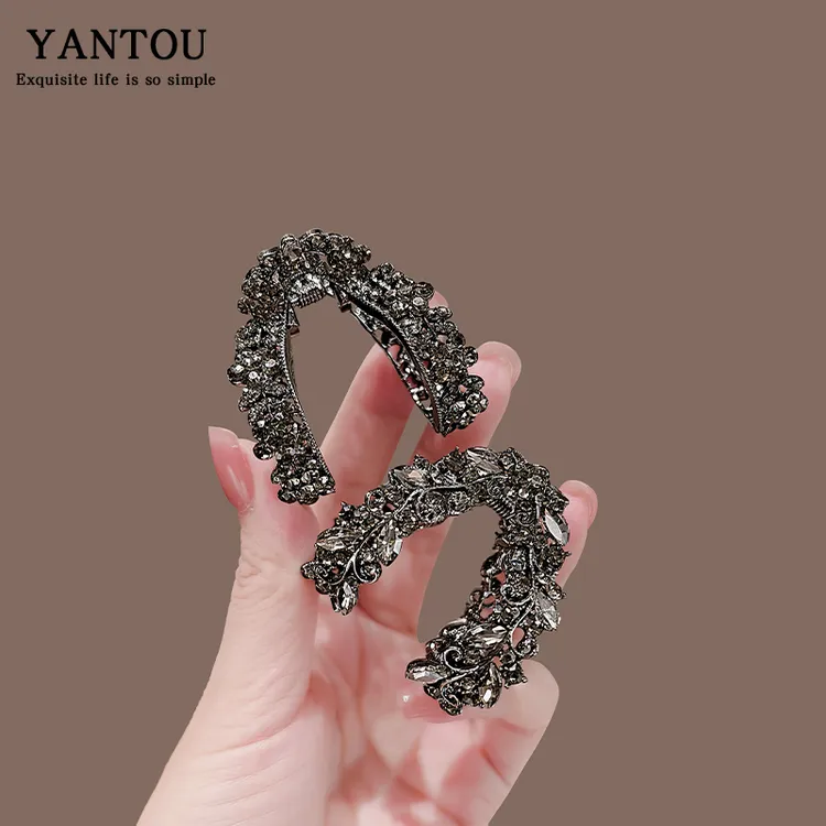 法式复古枪黑闪钻叶子抓夹女2025新款高级感发夹后脑勺顶夹子发卡